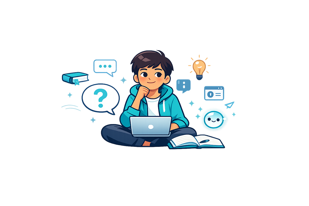 Student using a laptop and notebook with question, learning and AI help symbols.