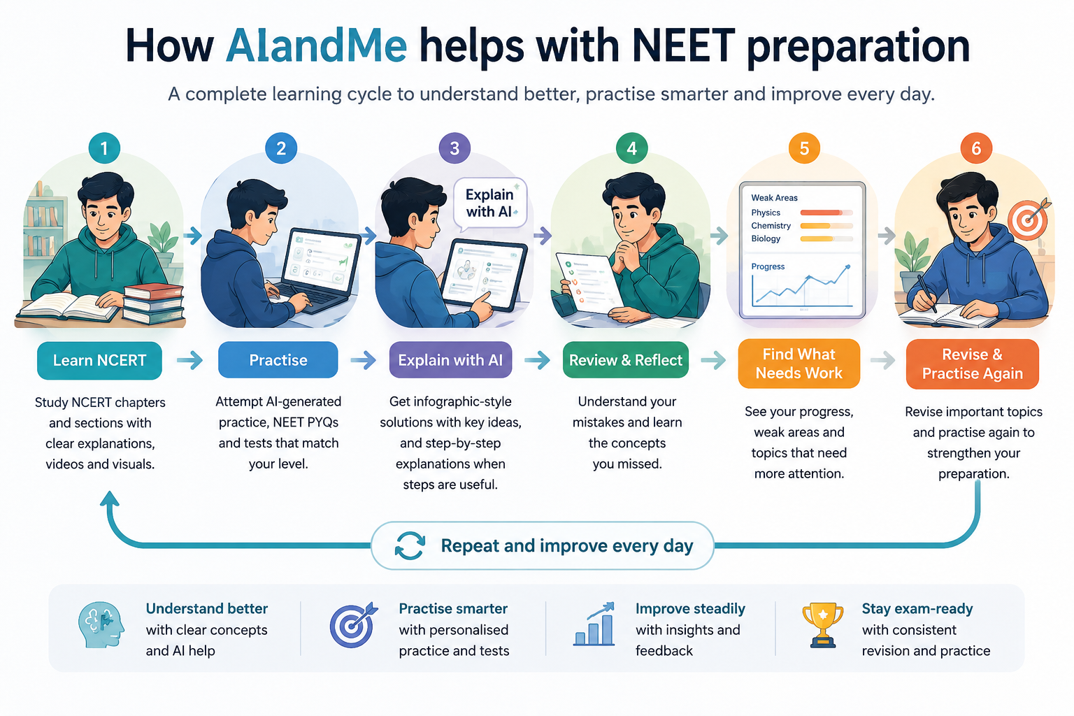 Six-step NEET preparation cycle in AIandMe: learn NCERT, practise, use Explain With AI, review, find areas needing work, and revise and practise again.