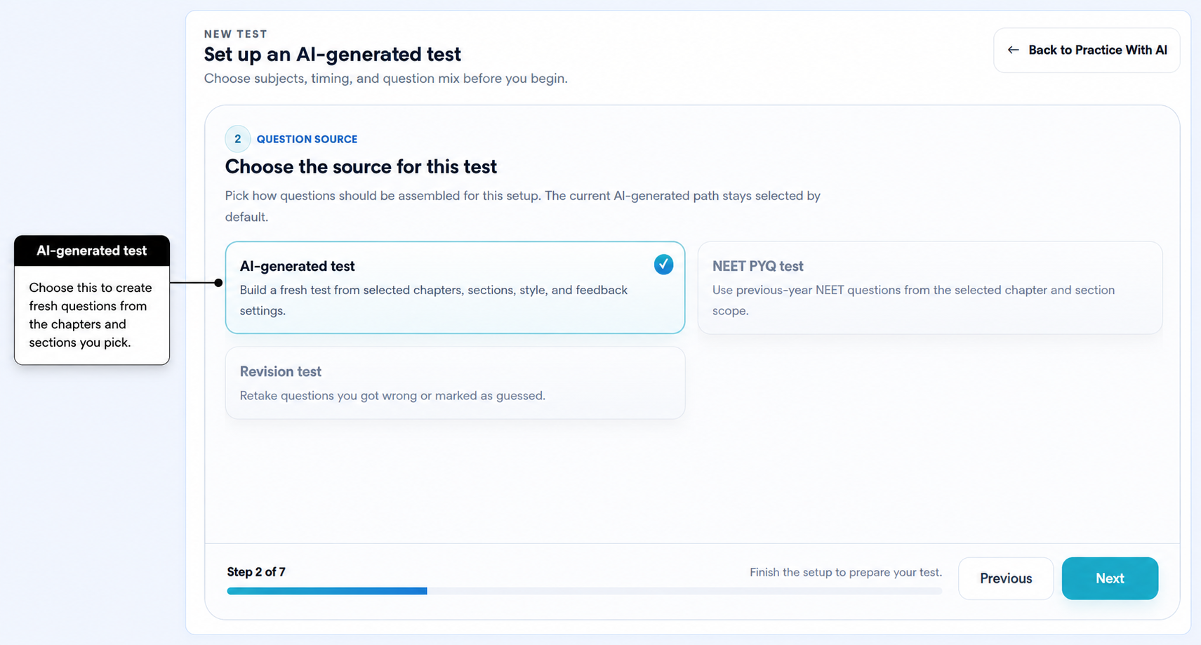 Annotated Practice With AI setup screen with AI-generated test selected as the question source.