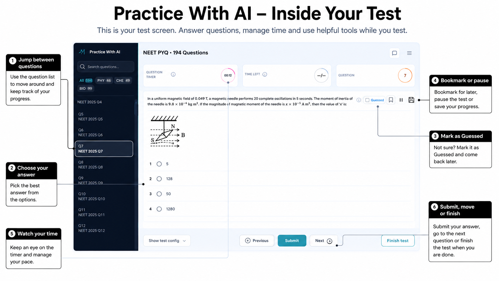 Annotated Practice With AI screen showing how to move between questions, choose an answer, mark a question as Guessed, bookmark or pause, watch time, submit and finish.