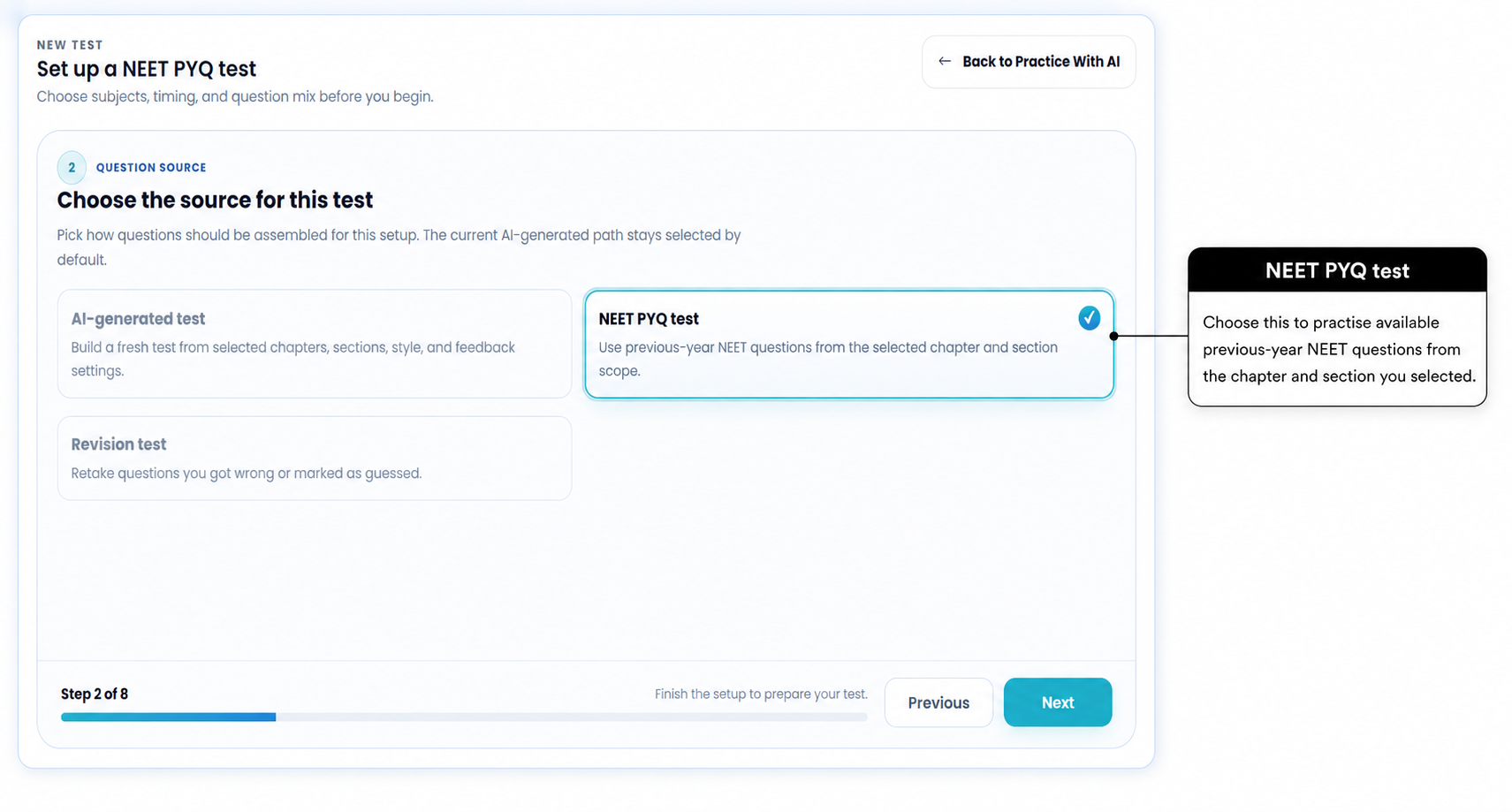 Annotated Practice With AI setup screen with NEET PYQ test selected as the question source.