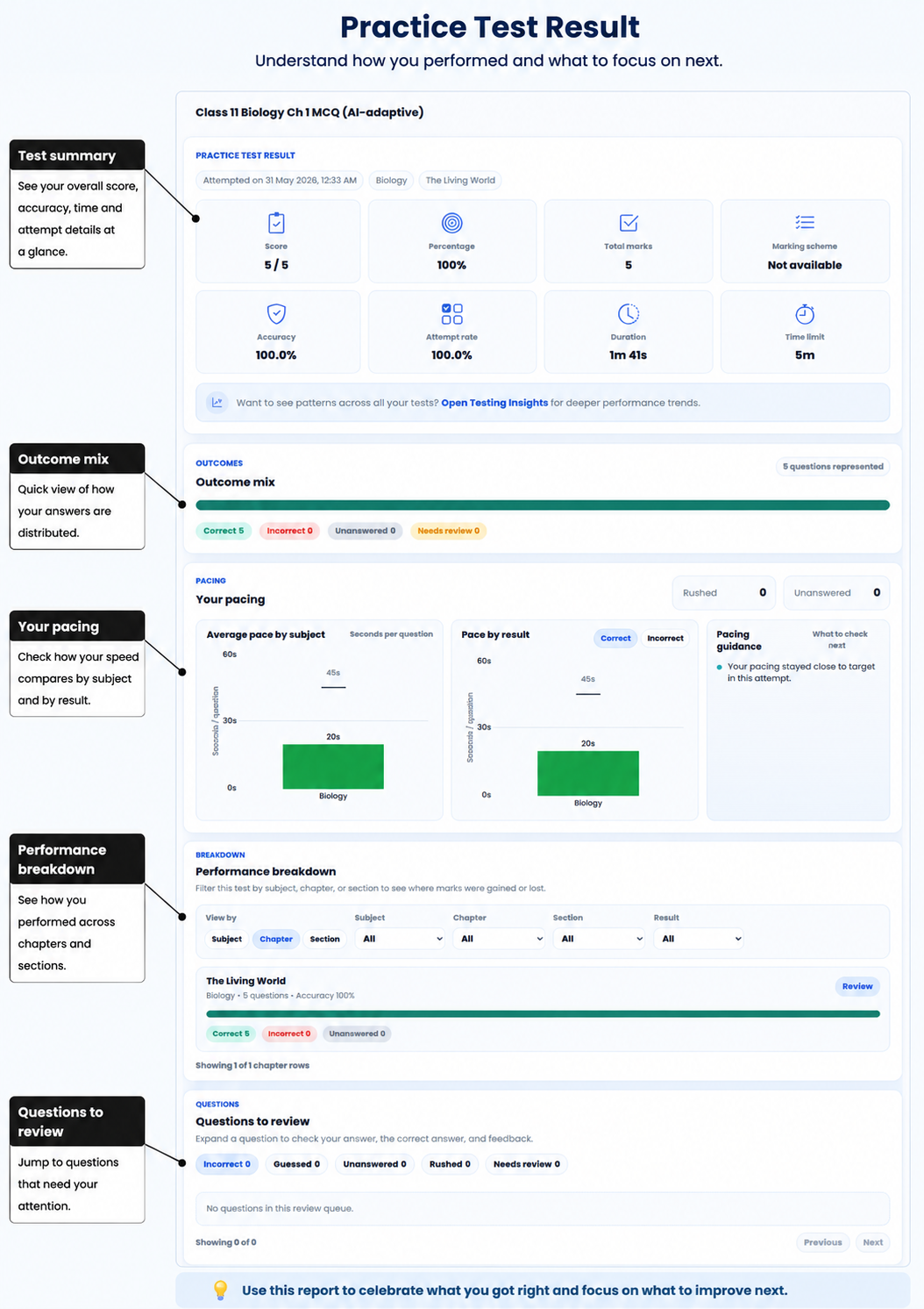 Annotated Practice Test Result showing score, accuracy, attempt rate, outcome mix, pacing, performance breakdown and questions to review.