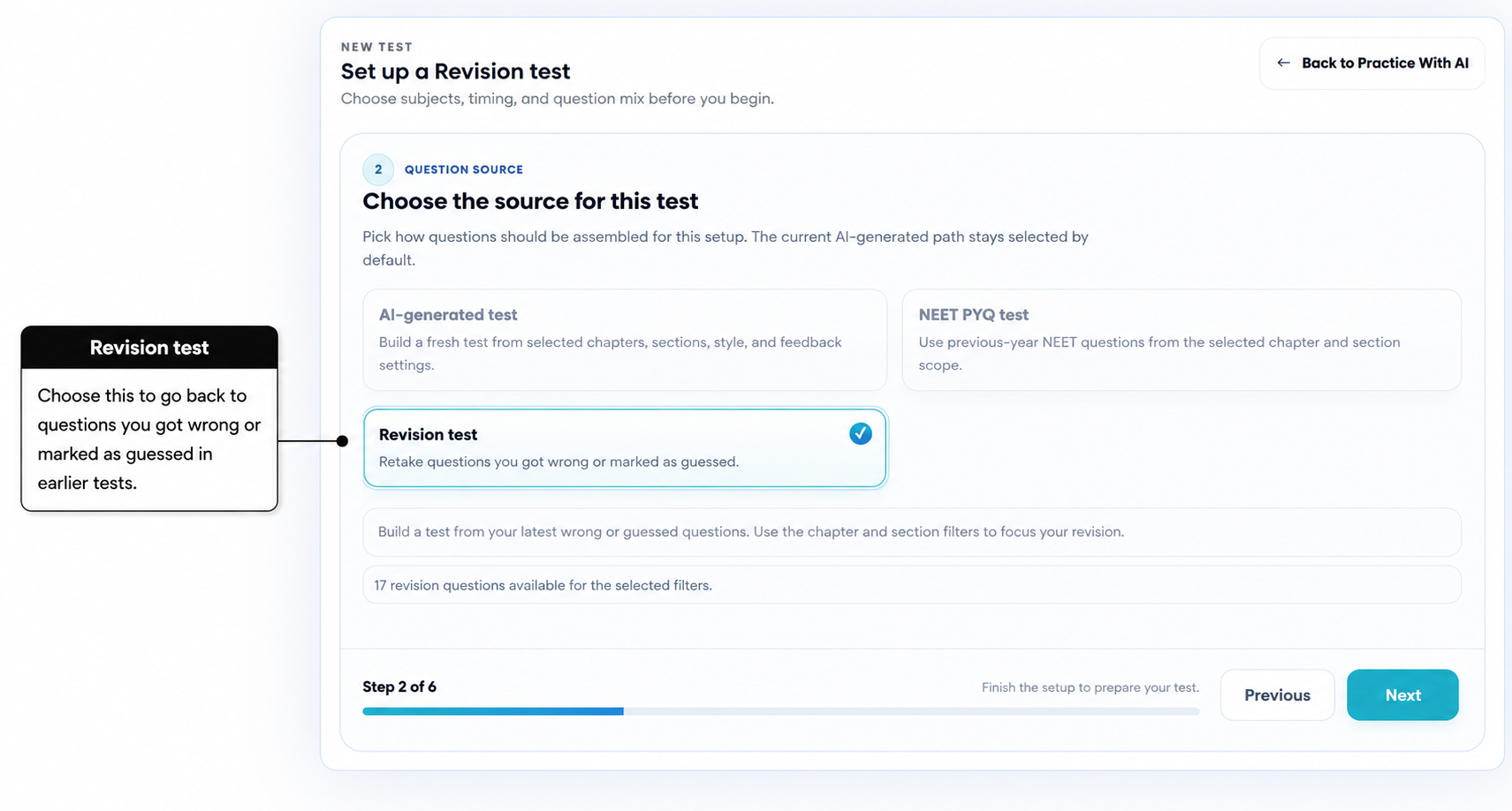 Annotated Practice With AI setup screen with Revision test selected and revision questions available from earlier tests.