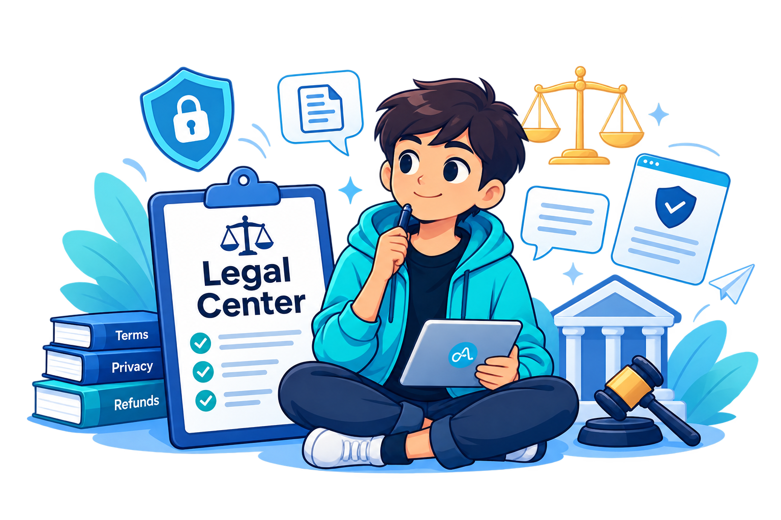 Student reviewing Legal Center documents with privacy, terms, refunds, and legal guidance symbols.